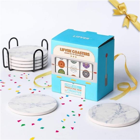 Set of 6 Coasters for Drinks White Marble-Style Absorbent Coasters with Holder - Picture 4 of 6